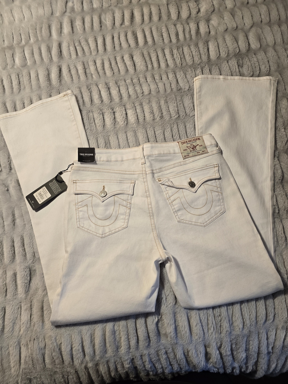 True Religion Women's White Bootcut Jeans with Signature Pocket Stitching